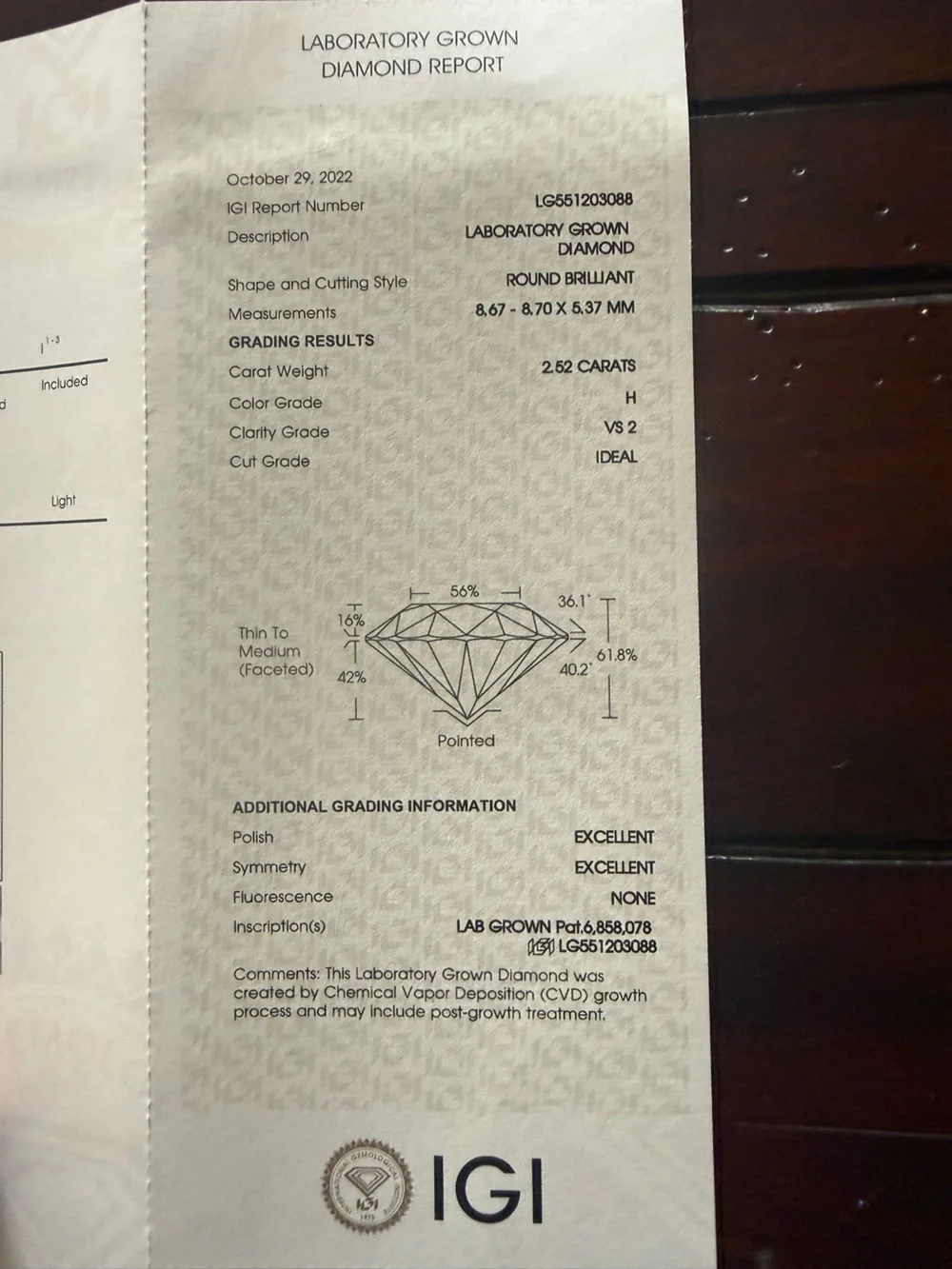 Diamond Invicta 2.52 Carats Lab Grown Round Diamond
